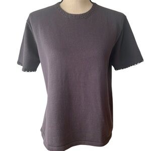 Vintage 90s Gray Cotton Knit Sweater: Rena Rowan Crochet Trim, Size Large